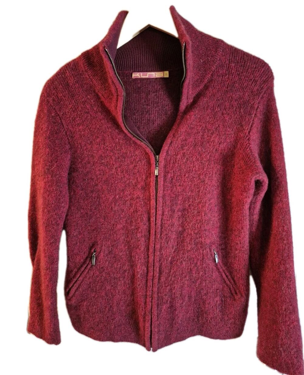 Kuna Red Baby Alpaca Wool Full Zip Mock Neck Sweater Elbow Patch M Luxury Cozy